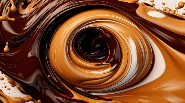 Un remolino de líquido y chocolate sobre un fondo marrón hecho con ai generativo