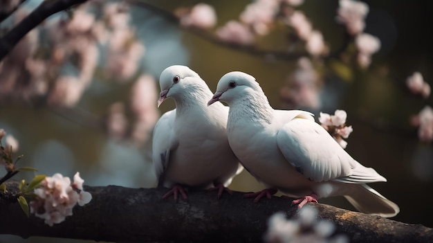 remolque atractivas palomas románticas sentadas juntas en una rama