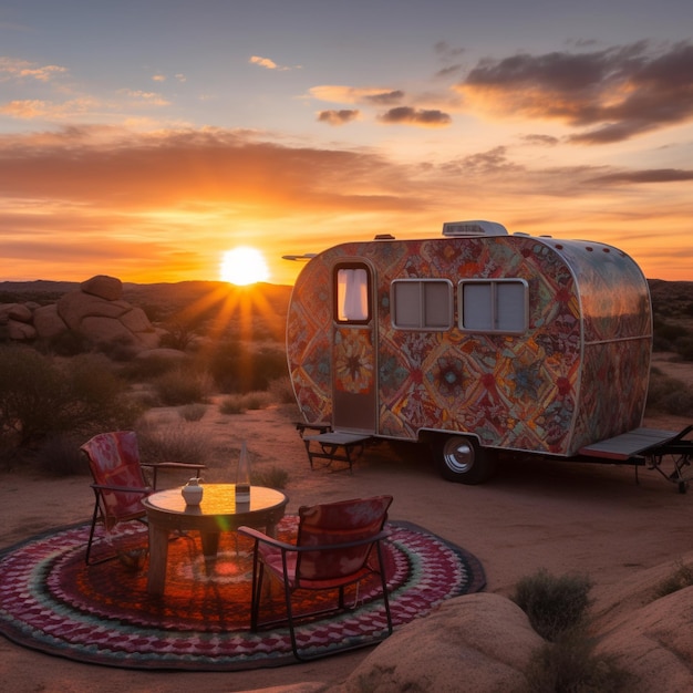 Remolque de autocaravana vintage estacionado en el borde de un paisaje rocoso del desierto con salida del sol