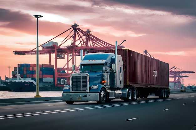 Remolque de camión en la terminal portuaria de carga con contenedores de grúas