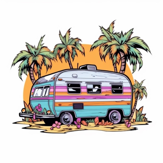 Foto un remolque de campamento colorido estacionado en la playa con palmeras generativas ai