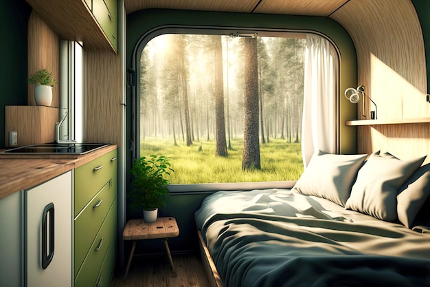 Remolque de dormitorio interior casa pequeña para viajar con panorama forestal