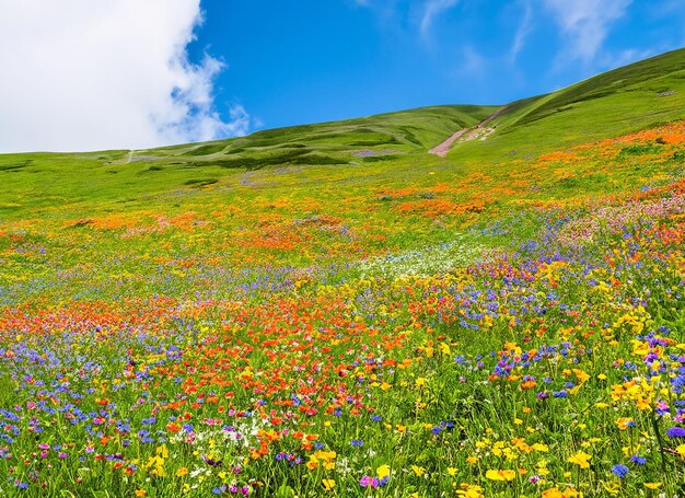 Foto una remota meseta montañosa con un mar de flores silvestres en plena floración mariposas de colores y abejas volando...