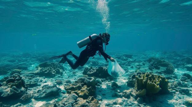 En una remota reserva marina se ve a un buzo solitario recogiendo basura y escombros del fondo del océano