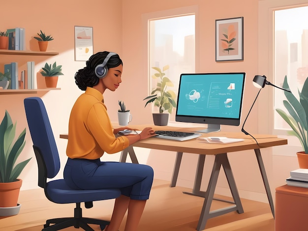 Remote Harmony AI generó una ilustración de un cómodo espacio de trabajo en el hogar