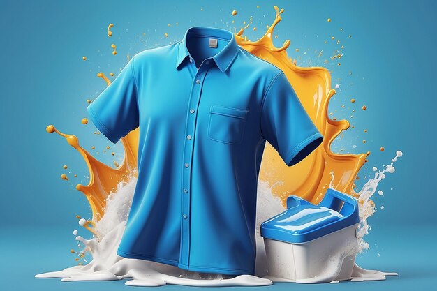 Removente de manchas anúncio com água lavando uma camisa manchada fundo azul ilustração 3D