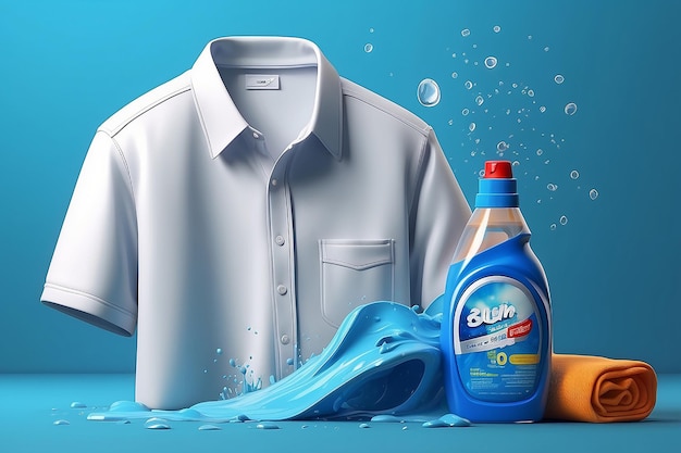 Foto removidor de manchas anuncio con agua lavando una camisa manchada fondo azul ilustración 3d