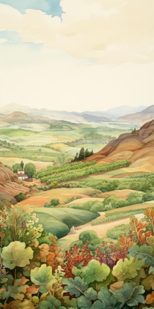Renaissanceinspirierte Aquarellmalerei Hügel, Weinreben und Weingut