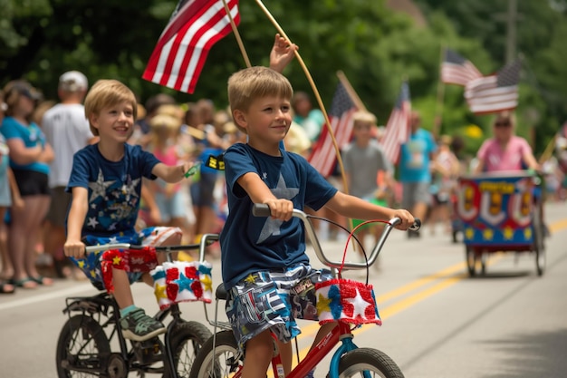 Renascimento do Dia da Independência Dois meninos em bicicletas em desfile com bandeiras americanas segurando o leme