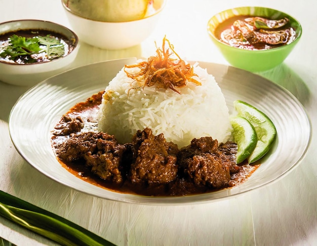 Rendang de carne de res con arroz blanco