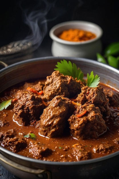 Foto rendang mit kokosmilch, das in einem topf kocht