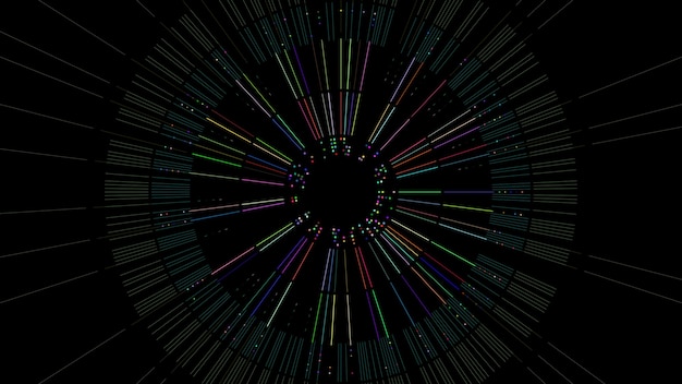 Render 2d de estructura circular con líneas y círculos. Concepto de datos complejos. Fondo de tecnología colorida.