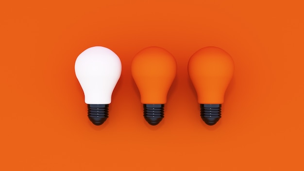 Render 3D. 3 bombillas sobre fondo naranja. ideas conceptuales