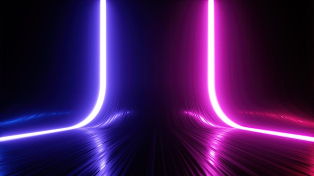 Render 3D abstracto de fondo oscuro con rayas brillantes que brillan en el espectro ultravioleta