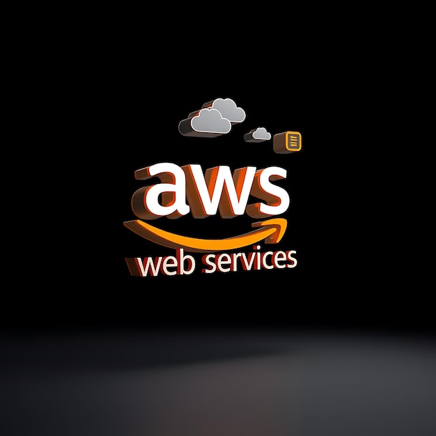 Render 3D de Amazon Web Services El logotipo de Aws extrudido en material transparente flotando con una ligera inclinación