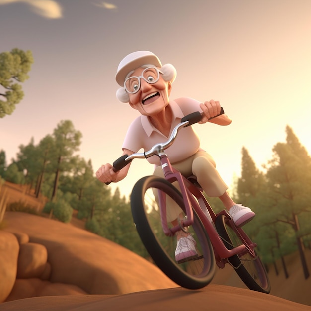 Render 3D anciana en bicicleta