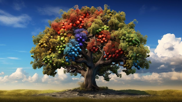 Render 3D de un árbol con coloridas frutas y verduras