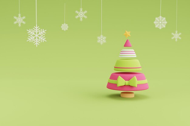 Render 3D de árbol de Navidad con copos de nieve colgando, diseño mínimo 3d Decoraciones de Navidad. Ilustración de render 3d.