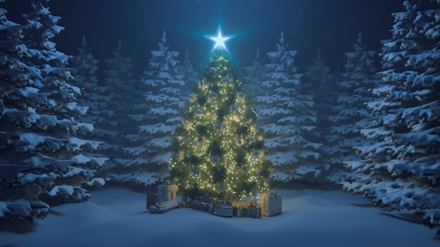 Render 3D del árbol de Navidad con una estrella brillante y una guirnalda en el bosque con nieve que cae