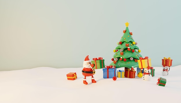 Render 3D del árbol de Navidad rodeado de caja de regalo con Santa Claus y muñeco de nieve en la nieve