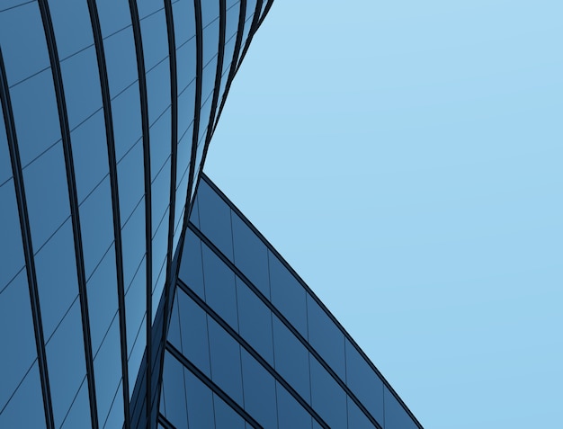 Render 3D de arquitectura futurista, edificio rascacielos con ventana de cristal curva.