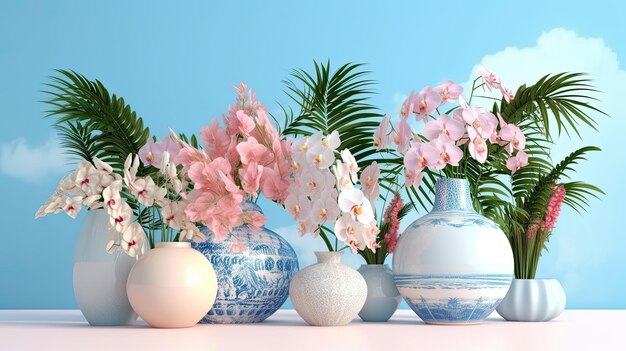 Foto render 3d de arreglo tropical en azul y blanco