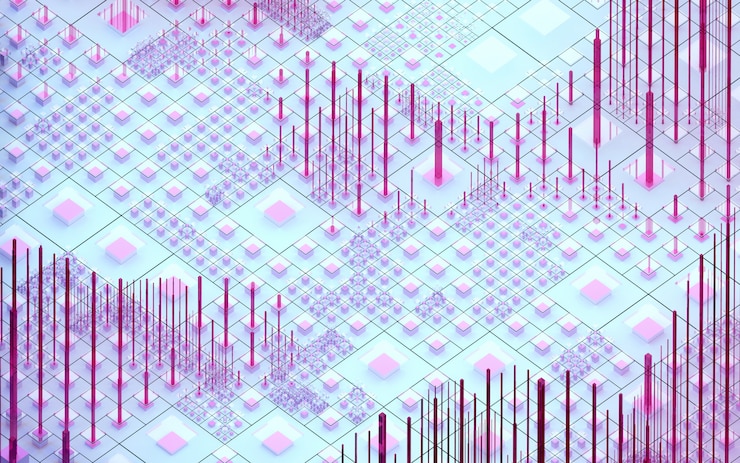 Foto render 3d de arte abstracto fondo 3d de colinas surrealistas de nano silicon valley basadas en pilares y barras de cajas de cubos pequeños, grandes y delgados, en color rosa púrpura azul en vista isométrica