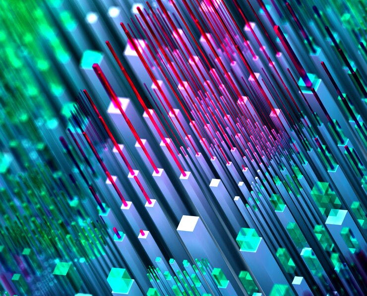 Foto render 3d de arte abstracto fondo 3d de surrealista nano silicio magic valley hills basado en pequeños cubos grandes y delgados, cajas, pilares y barras en color verde morado azul y rosa en vista isométrica