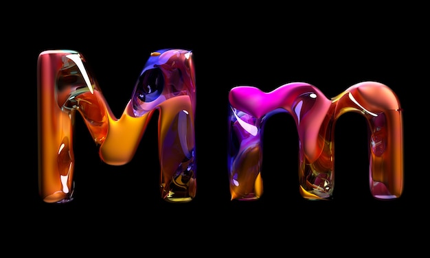 Render 3D de arte abstracto de letras 3d surrealistas mayúscula y minúscula m en curva orgánica forma ondulada en material de metal mate con partes de vidrio en color degradado rosa naranja en dorso negro