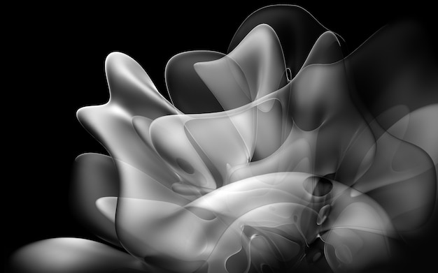 Foto render 3d de arte abstracto monocromo en blanco y negro con flor alienígena surrealista en formas onduladas curvas