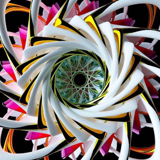 Render 3D de arte abstracto con parte surrealista Flor alienígena 3d o símbolo de mandala indio en forma espiral esférica retorcida con estructura fractal en cerámica blanca mate con partes de metal amarillo verde rosa