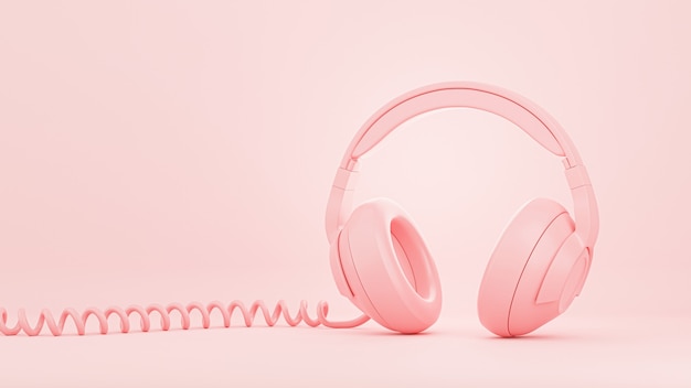 Render 3D de auriculares de color rosa sobre fondo rosa