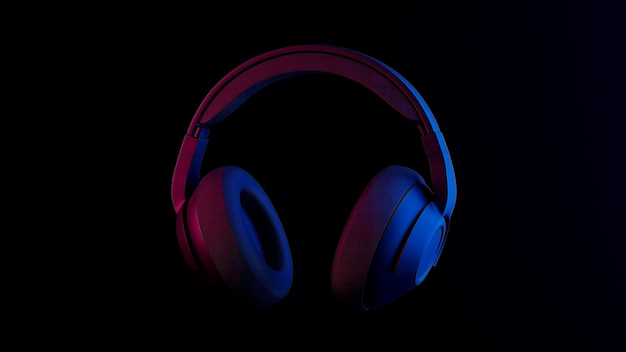 Render 3D de auriculares con iluminación de neón concepto azul púrpura