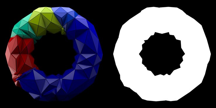 Foto render 3d backgrouny abstracto. geometría de tourus triangular y extruida. geometría fracturada coloreada positiva. imagen con máscara.