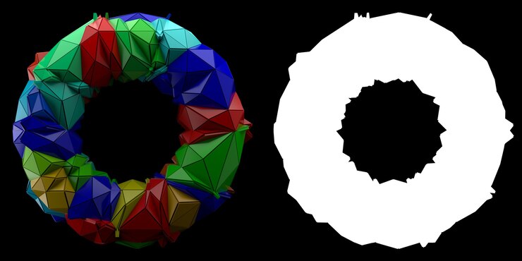 Foto render 3d backgrouny abstracto. geometría de tourus triangular y extruida. geometría fracturada coloreada positiva. imagen con máscara.