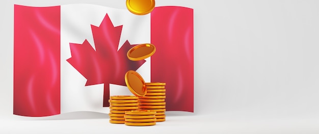 Render 3D de la bandera de Canadá y monedas de oro. Compras en línea y comercio electrónico en concepto de negocio web. Transacción segura de pago en línea con teléfono inteligente.