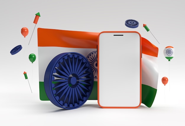 Render 3D de la bandera de la India con diseño de maqueta de teléfono inteligente.