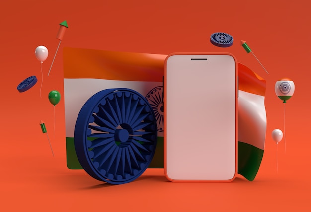 Render 3D de la bandera de la India con diseño de maqueta de teléfono inteligente.