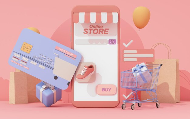 Render 3d de banner de promoción de venta de compras en línea Carro de compras completo en el podio con bolsa de compras y carro y tarjeta de crédito Concepto de gran descuento adecuado para el viernes negro y el aniversario