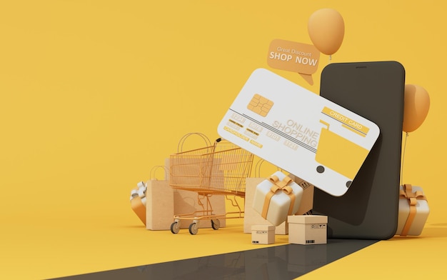 Render 3d de banner de promoción de venta de compras en línea Carro de compras completo en el podio con bolsa de compras y carro y tarjeta de crédito Concepto de gran descuento adecuado para el viernes negro y el aniversario