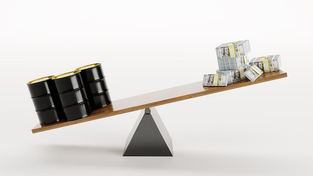 Foto render 3d de barril de petróleo y signo de dinero en tablero de escala estimación del valor del petróleo en dólares estadounidenses