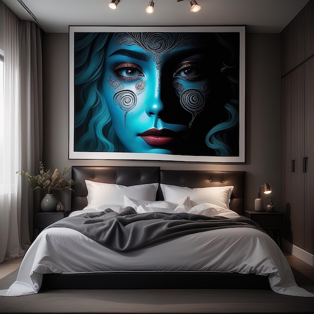 Render 3D de una bella mujer con ojos azules en la habitación, mujer con traje azul y ojos negros en la habitación.