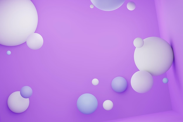 Render 3D de bola de pastel, burbujas de jabón, gotas que flotan en el aire aislado sobre fondo pastel. Escena abstracta.