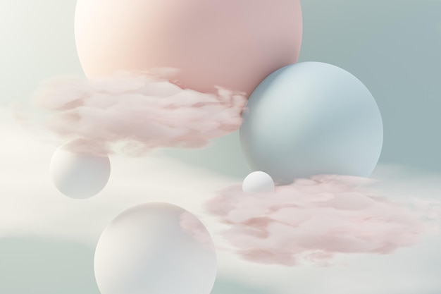 Render 3D de bolas de colores pastel, burbujas de jabón, manchas que flotan en el aire con nubes esponjosas y océano. Tierra de romance de escena de ensueño. Cielo de ensueño abstracto natural.