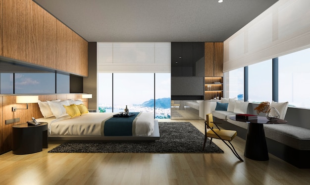 Foto render 3d bonita habitación con vistas al mar con diseño de lujo