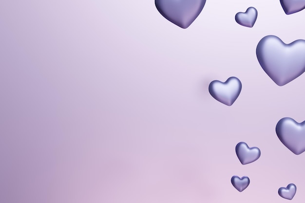 Render 3D del borde de corazones voladores violeta sobre un fondo rosa para el Día de San Valentín con el color del año 2022