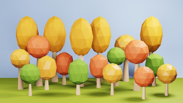 Render 3d del bosque de otoño con hojas multicolores