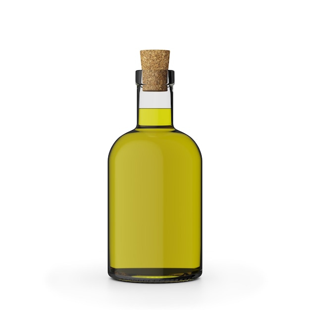 Render 3d de botella de aceite de oliva Botella de vidrio transparente con corcho Fondo blanco con sombra