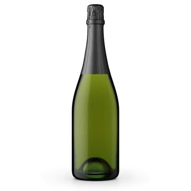 Render 3d de botella de champán con vidrio verde claro Vino de oro blanco Cápsula negra