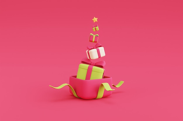 Render 3D de caja de regalo, Feliz Navidad y próspero año nuevo, diseño mínimo 3d Decoraciones navideñas.